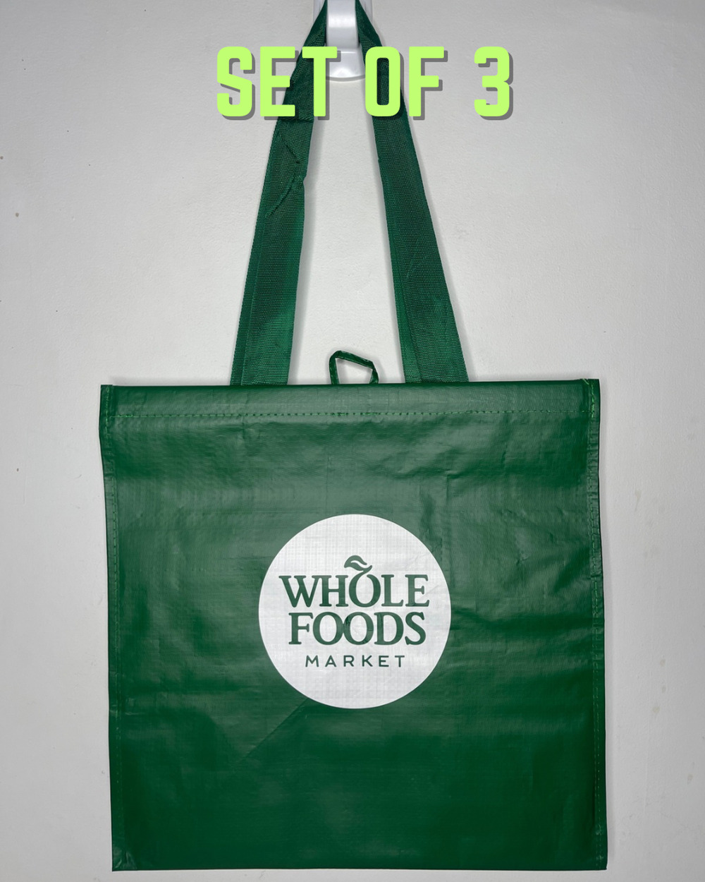 Set of 3 — Whole Foods Green Click N' Stay Collapsable Stand Up Grocery Tote Bag